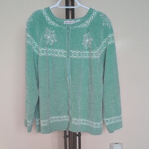 Alfred Dunner Mint Green and White Knit Zip Cardigan